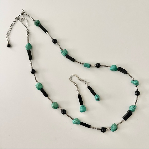 Hand Crafted Jewelry - HAND CRAFTED Artisan Necklace and Earrings Sterling Silver Stone Glass Beads 17”